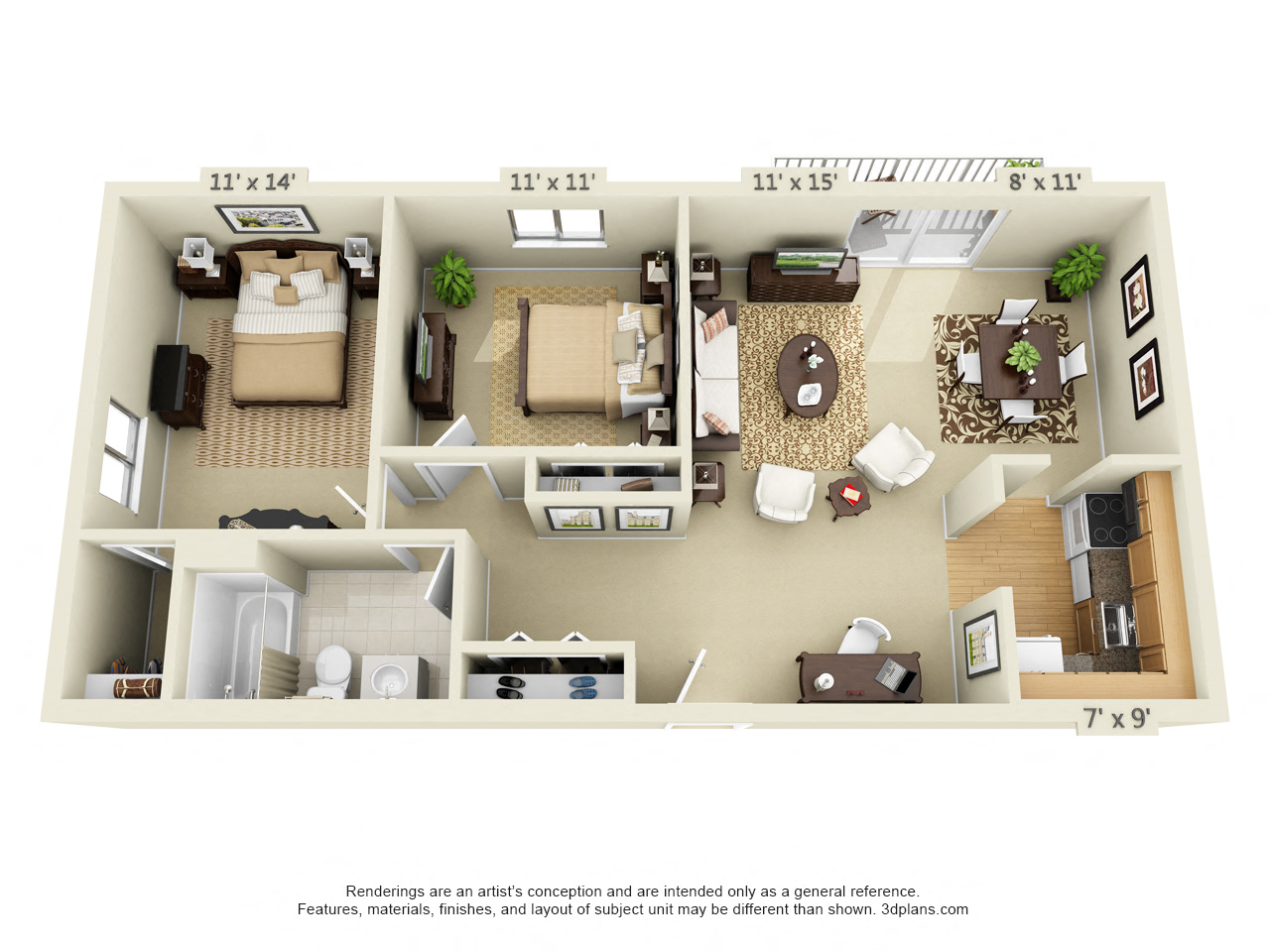Floor plan for 2 beds, 1 bath, 830 sqft